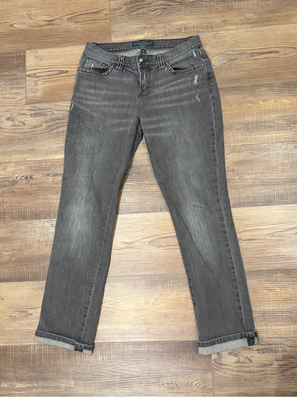 Lauren Ralph Lauren distressed faded graphic Gray Stud-Accent Straight Jeans